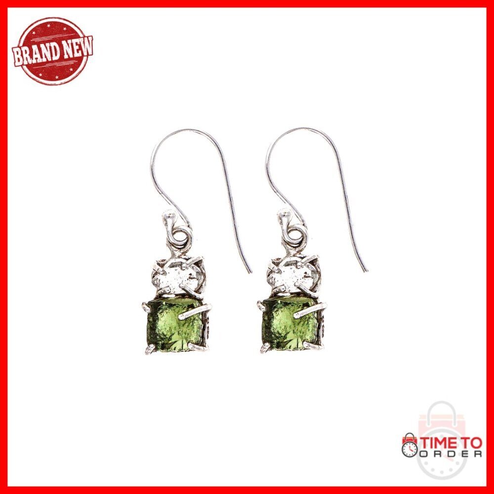 Handmade Sterling Silver Drop Earrings with Moldavite & Herkimer Diamond